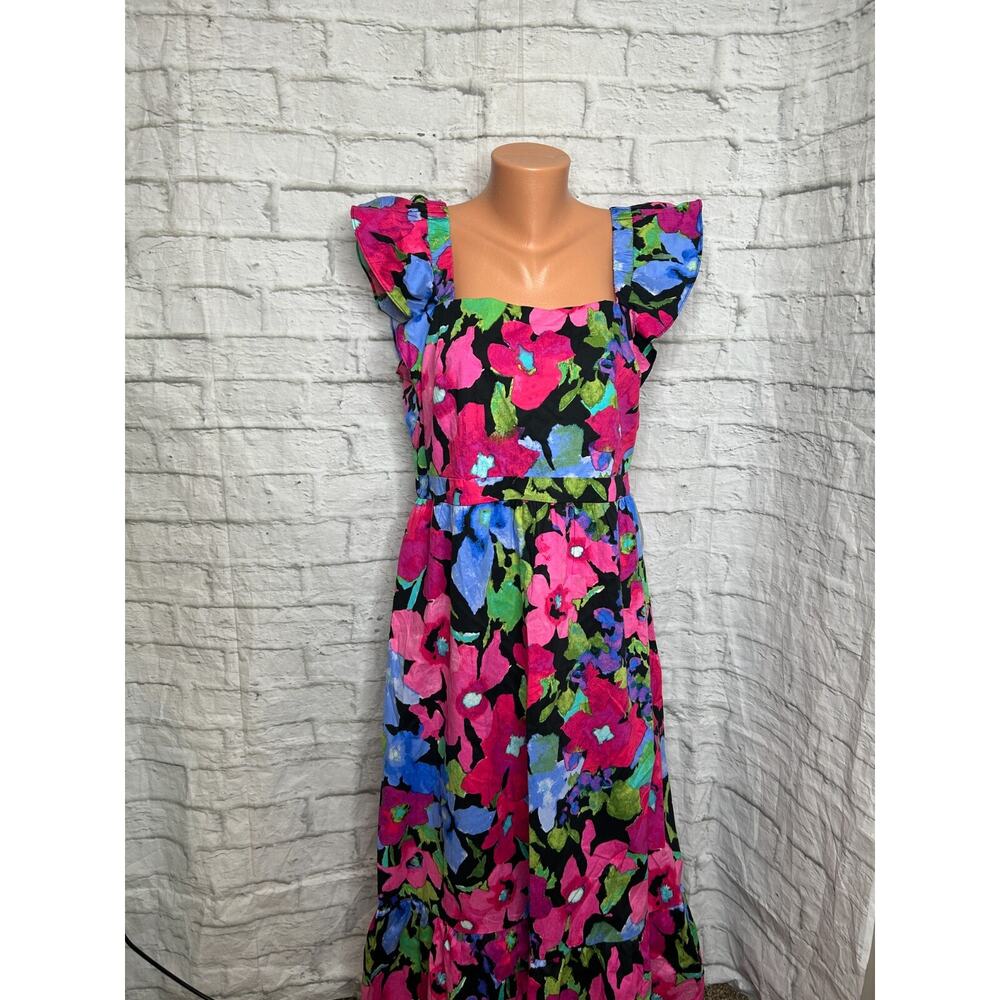 London Times Square Neck Maxi Ruffle Detail Dress Black/Periwinkle Floral Sz 14